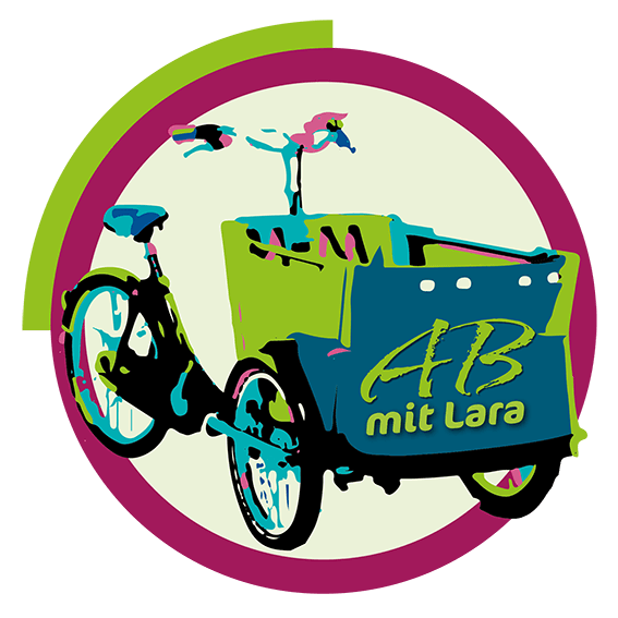Logo von AB mit Lara. Ein dreirädriges Lastenrad im Kreis